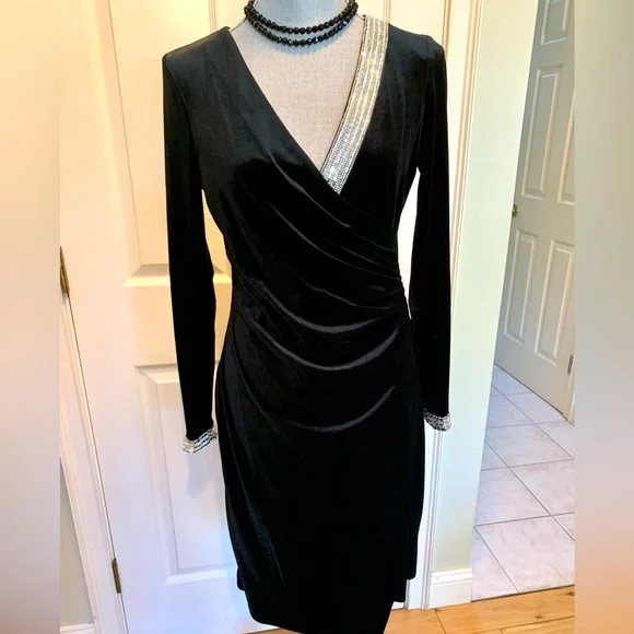 MSK | Dresses | Msk Chic Black Velvet Holiday Dress With Sparkling Crystal  Like Beads Size S | Poshmark